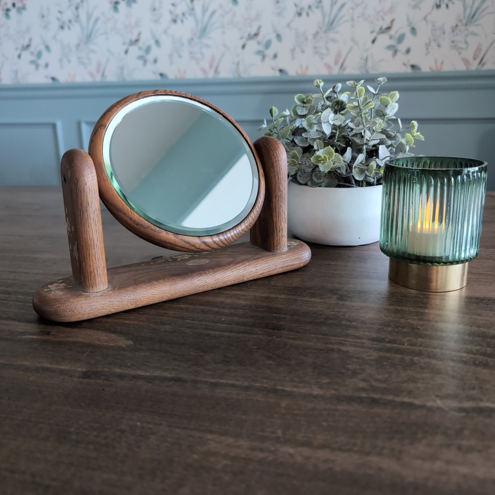 Gale Blashka Vanity Mirror Floral Hand Painted Wood Swivel~ Vintage Dual Sided